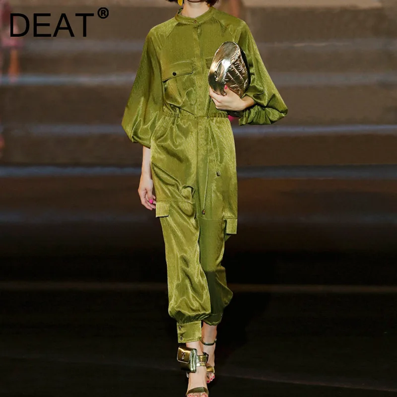 

DEAT 2021 New Autumn Winter Fashion Casual Olive Green High Waist Jumpsuit Loose Lantern Sleeve Capris Overalls Women's SK810