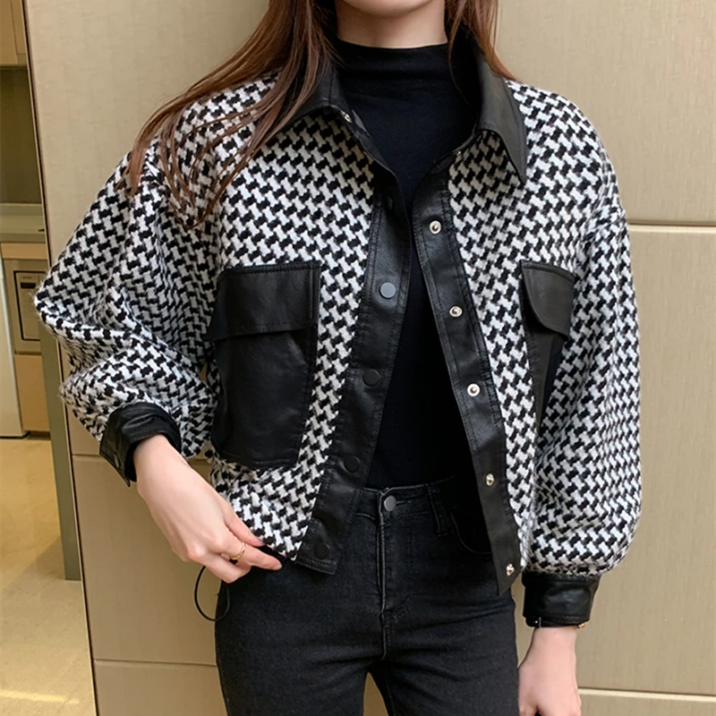 

Houndstooth Stitching PU Faux Leather Jacket Small Fragrance Turndown Collar Short Women Coat 2021 Autumn New Loose Streetwear