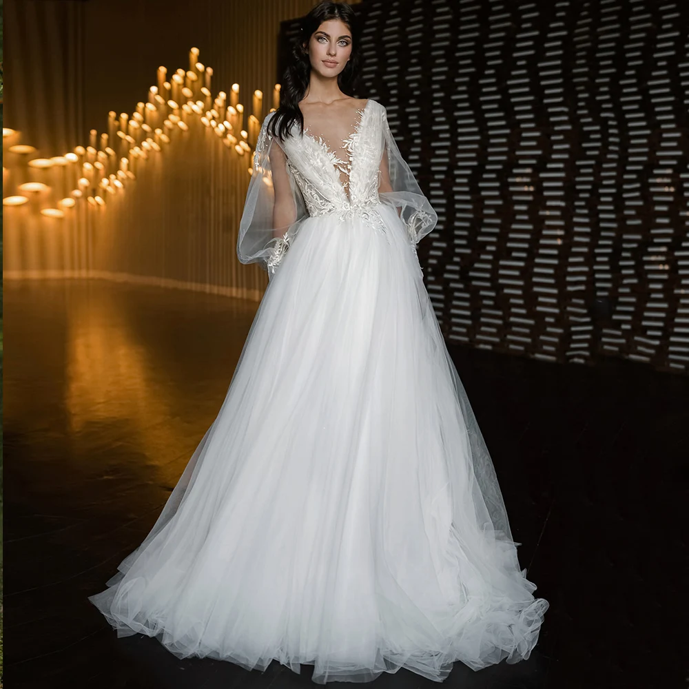 

Bohemian Wedding Dress Puffy Sleeve V-Neck Appliques Lace Princess A-Line Tulle Boho Bridal Gowns 20251 Vestidos De Novia