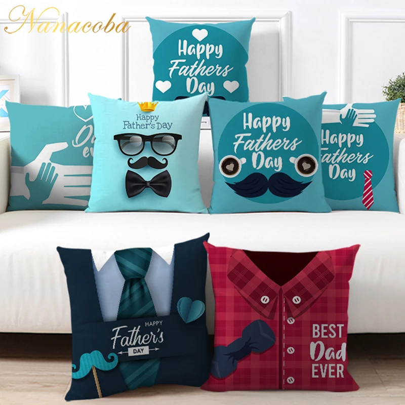 

Happy Father's Day Decorative Pillow Case Blue Letter Throw Pillowcase Home Decor Cartoon Beard Glasses Print Pillows Cover