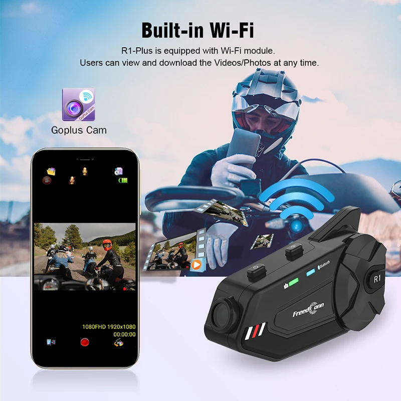 

Freedconn Motorcycle Helmet Walkie Talkie R1 Wifi Recorder Bluetooth HD 1080P Video FM 6 Rider Helmet Walkie Talkie Headset DVR