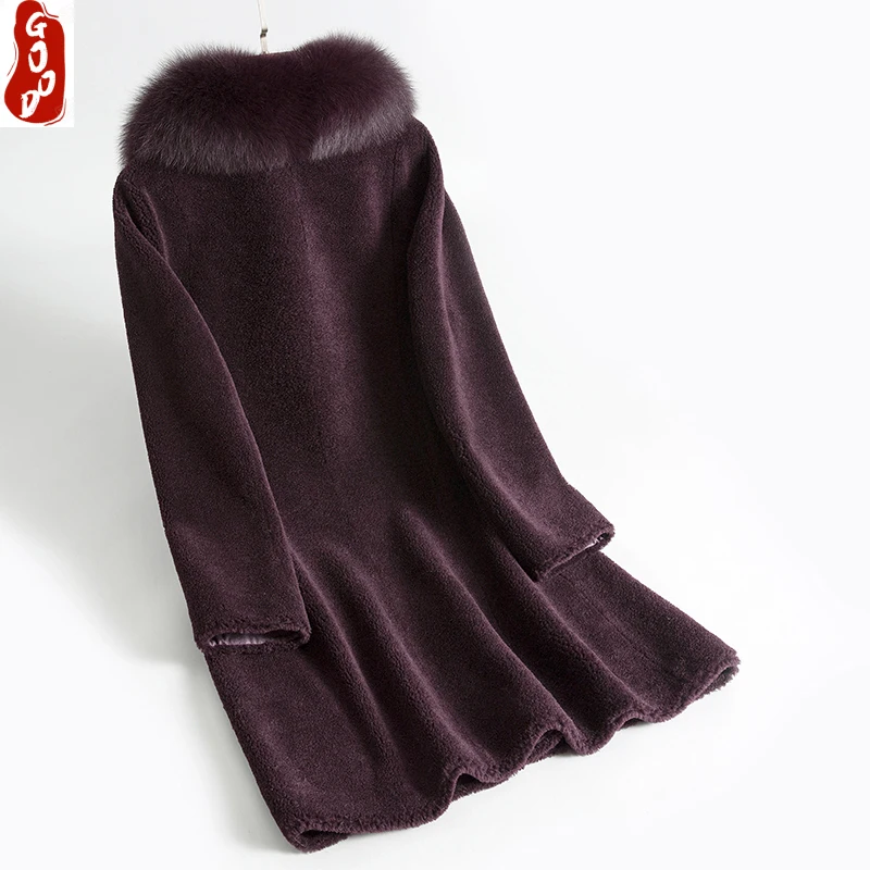 

Real Fur Coat Female Autumn Winter Clothes 2021 Korean Long Fox Fur Collar Sheep Shearing Jacket Women Vintage Tops 1120