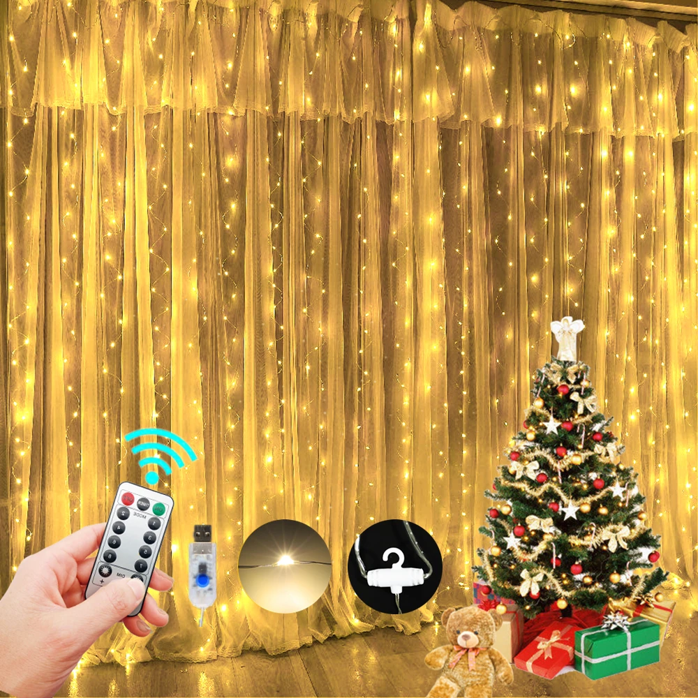 

3x3M LED Curtain Lights Garland Remote Control USB String Lights On The Window Christmas Wedding Decora for Home Fairy Lights