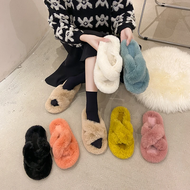 

Women's Slippers Fashion Warm Fluffy Cross Tied Indoor Fur Slides Female Home Flat Ladies House Slipper Zapatillas Casa Mujer