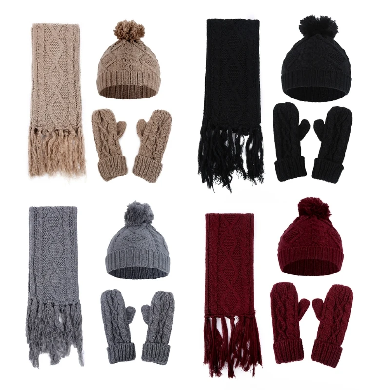 

3 In 1 Women Winter Rhombus Cable Knit Warm Hat Scarf Gloves Set Pompom Ball Beanie Cap Tassels Shawl Cuffed Mittens