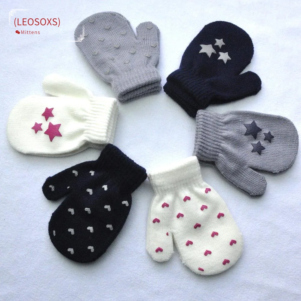 

(LEOSOXS) 2021 1 Pair Winter Newborn Cute Anti-Scratch Gloves Toddler Cotton Star Heart Print Knitted Mittens