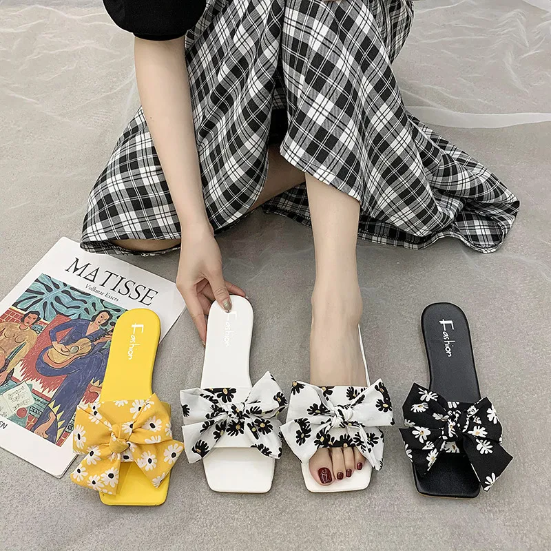 

Low Slippers Casual Flat Shoes Female Summer Clogs Woman Butterfly-Knot Pantofle Slides Luxury Beach Soft 2021 Cotton Fabric PU