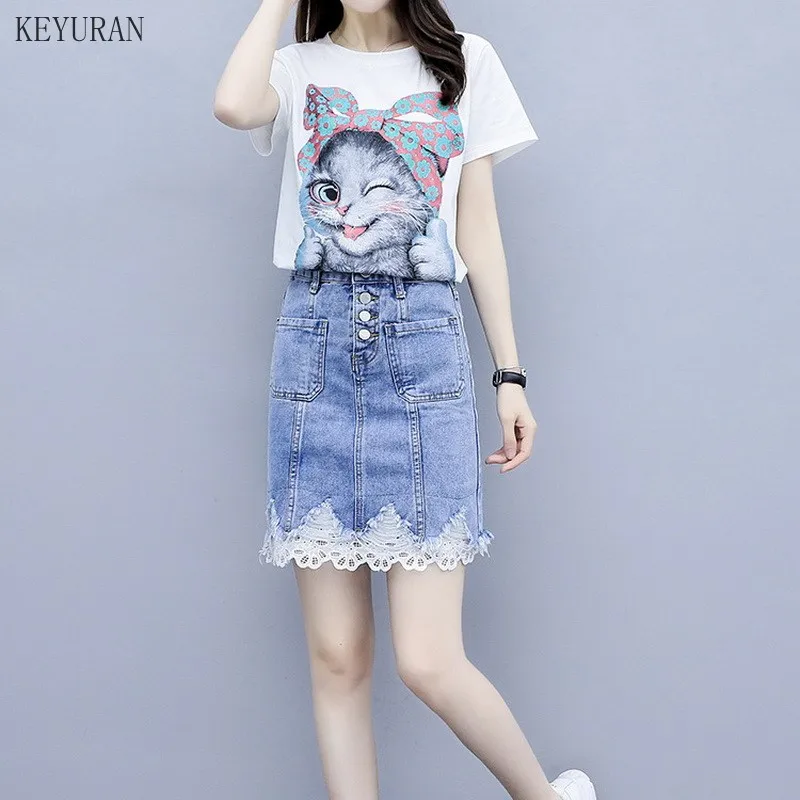 Комплекты джинсовой юбки женские летние футболки с коротким рукавом и принтом
