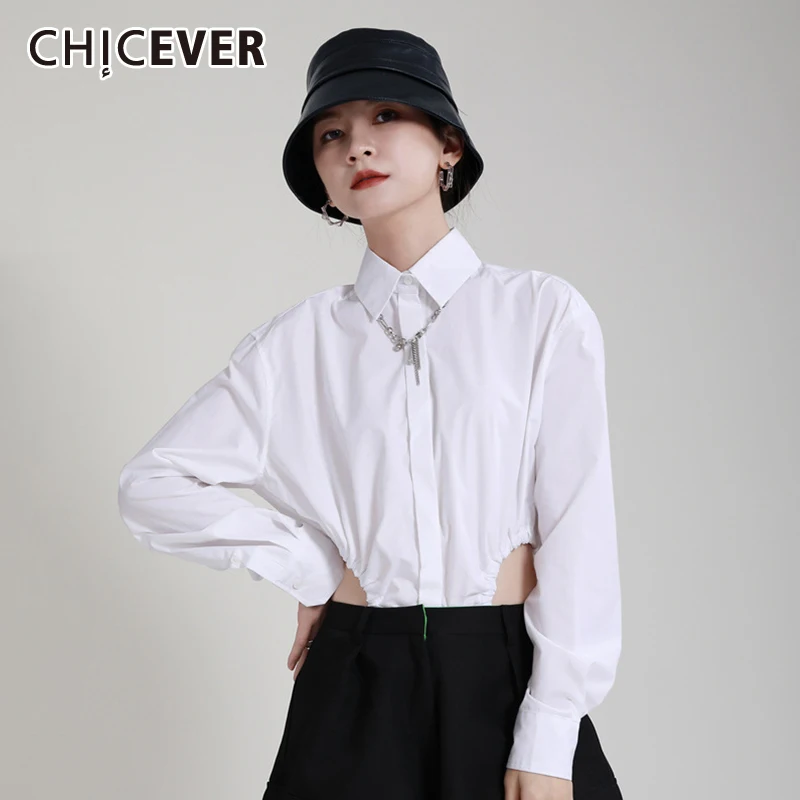 

CHICEVER Cut Out Sexy Shirt For Women Lapel Collar Long Sleeve Solid Minimalist Button Through Blouse Female Fashion New Clothes