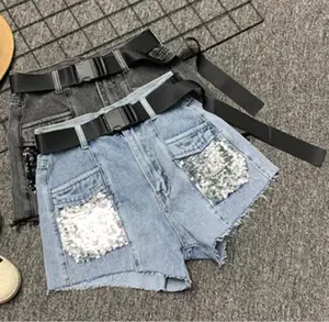 Женские джинсовые шорты с блестками и высокой талией, Новинка лета 2021, модные прямые джинсовые шорты