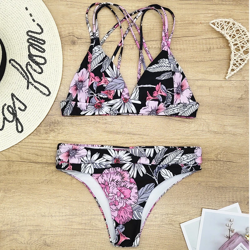 

Vintage high waist bikinis 2021 mujer Sexy string swimsuit female Lace up biquinis Floral print swimwear women bathing suit