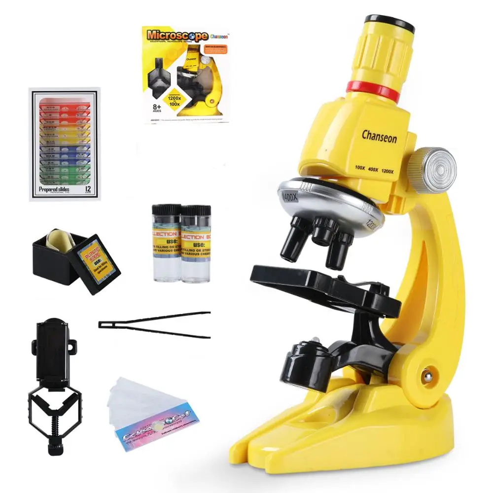 Kit de microscopio LED para niños, juguete educativo de laboratorio 100X-400X-1200X para escuela en casa, regalo biológico refinado con caja de venta al por menor