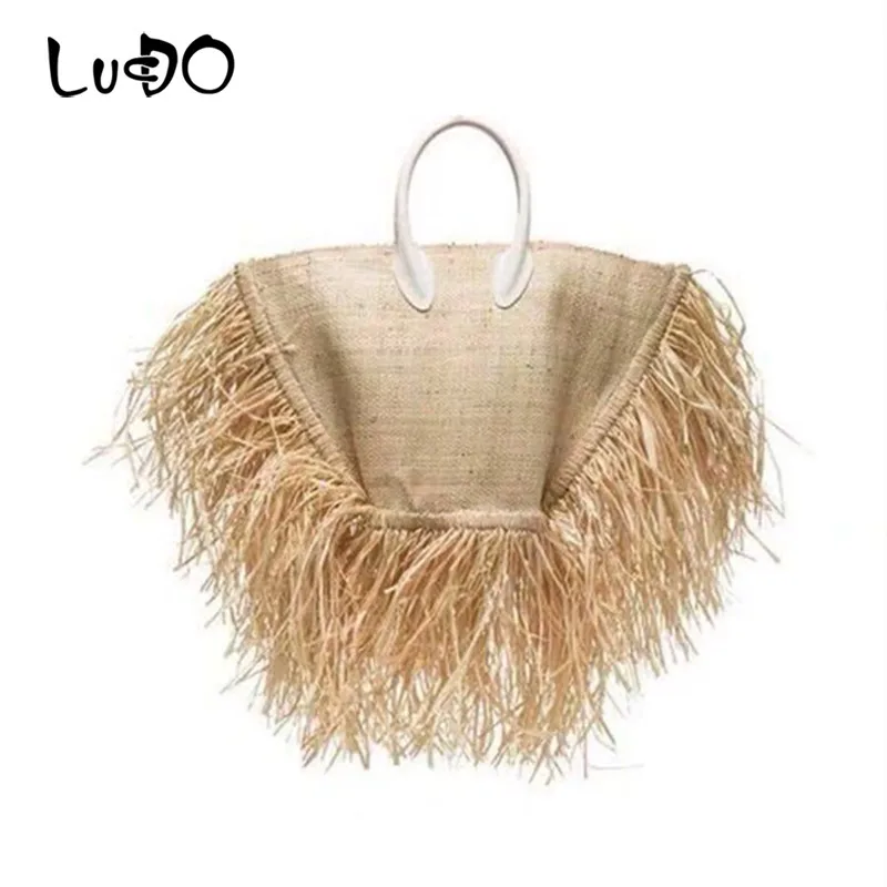 Сумка тоут женская плетеная с бахромой модный пляжный соломенный саквояж на