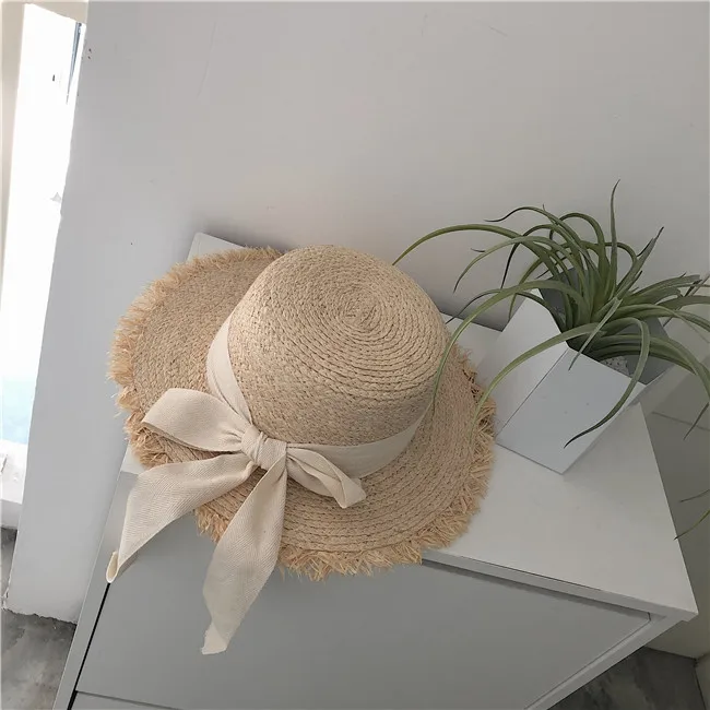 

Elegant Japanese Bow Flat Topped Lafite Straw Hat Women's Summer Vacation Beach Big Wide Brim Sun Hat for Women