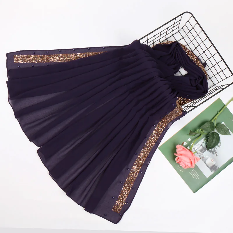 Plain Luxury Diamond Beads Bubble Chiffon Instant Hijab Ladies Stitch Chain Shawls and Wraps Bufandas Muslim Sjaal 180*75Cm