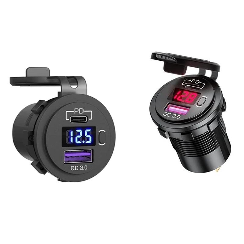 

PD Type C 48W Dual USB Car Fast Charger Socket QC 3.0 with Voltmeter and Switch for Boat Truck RV