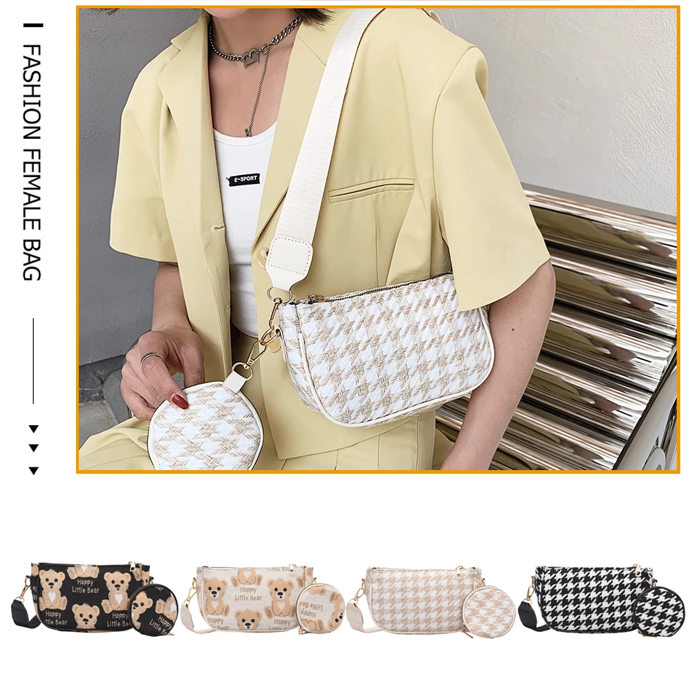 

Ladies Composite Shoulder Bags PU Leather Women Handbag Totes Exquisite Shopping Bag with Bear/Houndstooth Pattern Printed