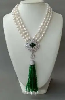 3 Strands White baroque Freshwater 8-9mm Pearl Necklace CZ pave flower Green Jade Pendant tassel