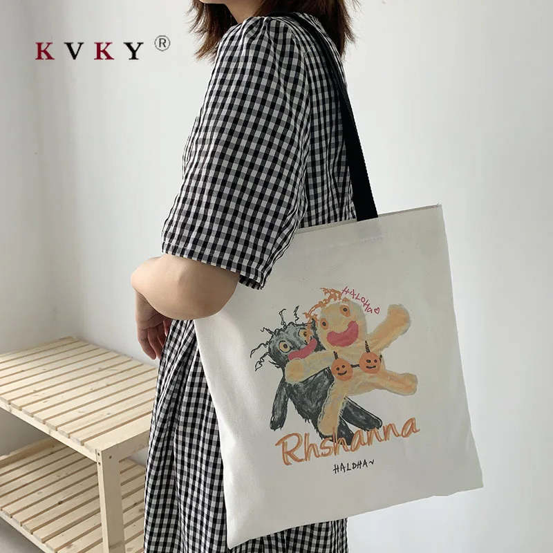 

Женские большие холщовые сумки-тоуты, Корейская Студенческая тканевая сумка для покупок на плечо, Экологически чистая складная сумка для ж...