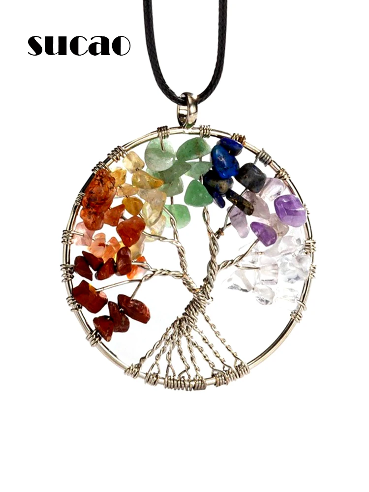 

2021 New Natural Stone Tree Of Life Pendant Necklace 7 Chakra Handmade Crystal Necklace Pendant Wedding Jewelry For Women Gift