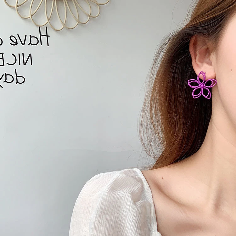 HUANZHI 2020 New Korea Simple Purple Crystal Flower Heart Geometric Hollow Metal Stud Earring for Women Girls Jewelry | Украшения и