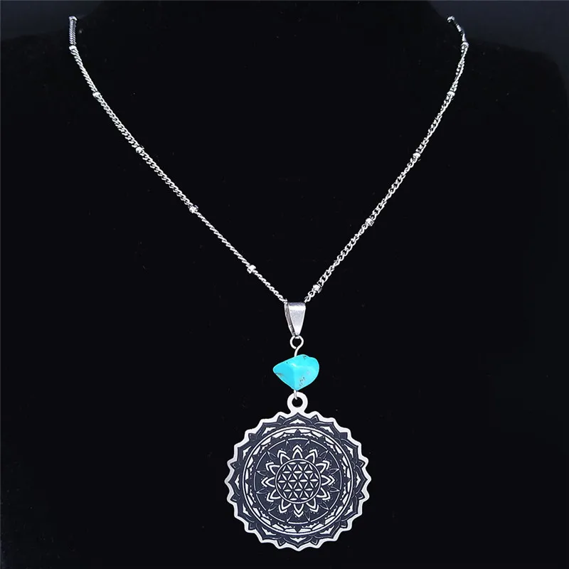 

Bohemian Flower of Life Stone Stainless Steel Chain Necklace Silver Color Statement Necklace Jewelry collares mujer N3375S04