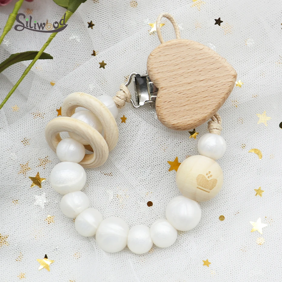 Clips de coraz&oacute;n para chupete, cadena de madera, anillo de cuentas de silicona sin BPA, soporte para chupete, cadenas para chupete, juguetes para dentici&oacute;n de beb&eacute;, Clips para pezones-3