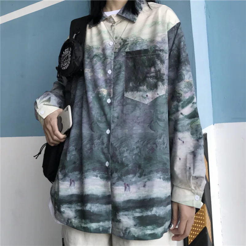 

Harajuku Spring New Style Retro Women's Blouse Casual Loose Tie Dye Print Long Sleeve Women's Shirt Streetwear Oversize Shirt