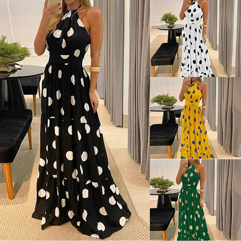 

Bikoles 2021 Summer New Fashion Sexy Lady Halter Sleeveless Empire Backless Maxi Dress Print Wave Point Pleated Women Plus Size