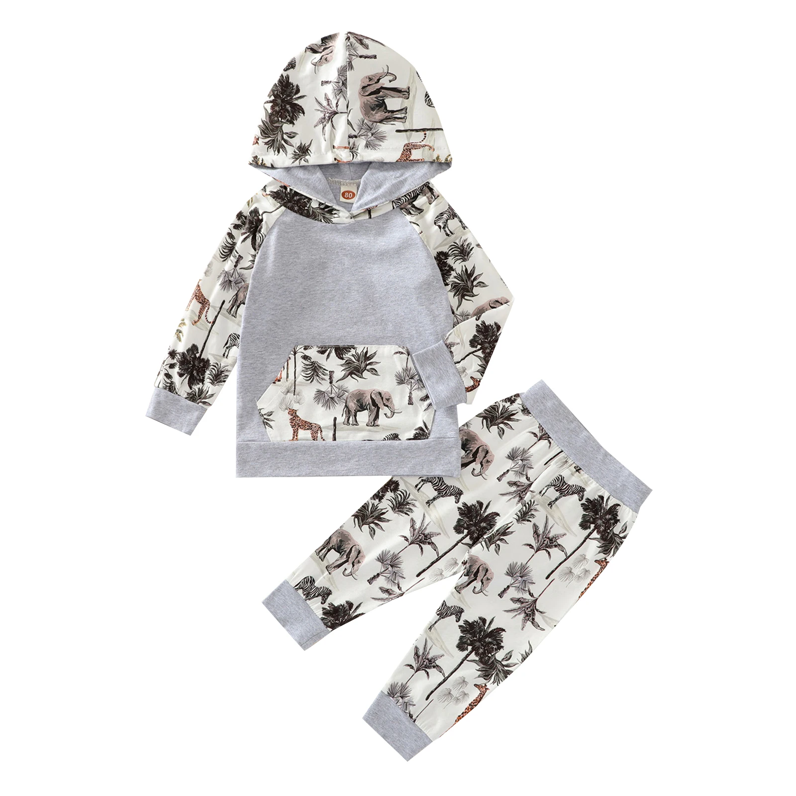 

2021 Autumn Leisure Baby Suit 2 Pcs Baby Color Block Outfits Animal Print Long Sleeve Hoodie with Big Pocket + Trousers Fashion