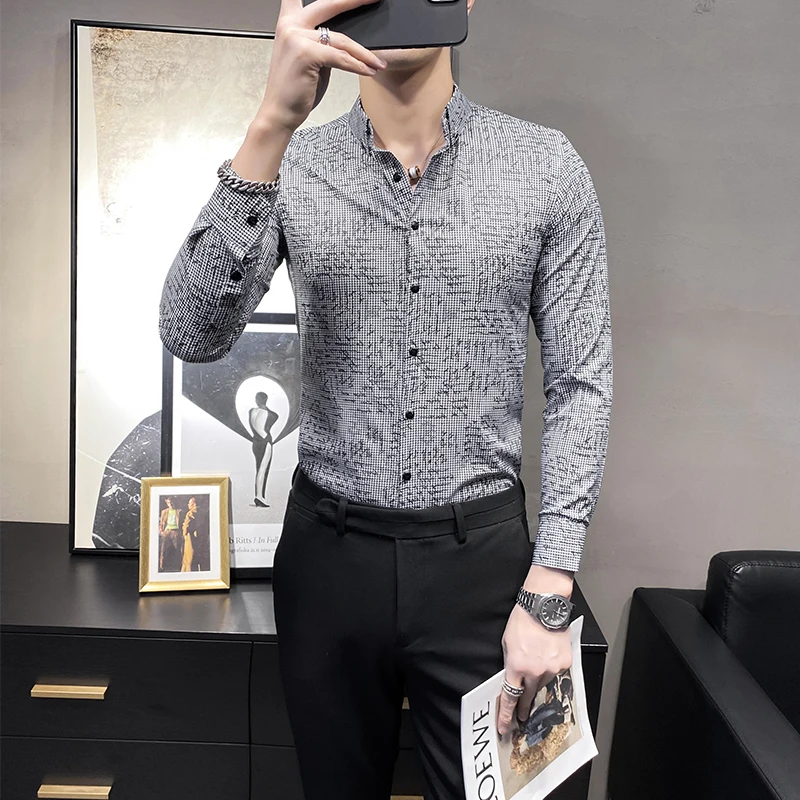 

Loldeal Men Long Sleeve Shirt Fashion Casual Slim Printed Lapel Polyester Fiber