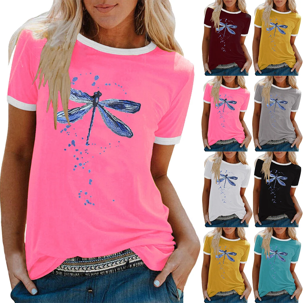 

Womens Dragonfly Print Short Sleeve Crew Neck T-Shirt Blouse Summer Casual Tops
