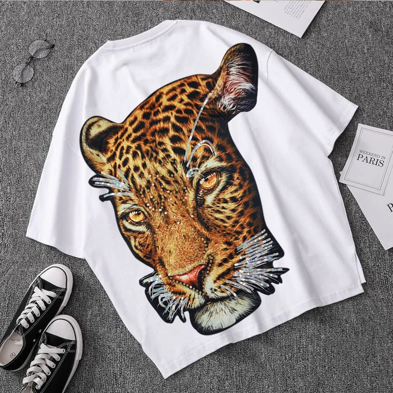 Новинка большой размер блестки 3D леопардовая голова узор ткань животные нашивка