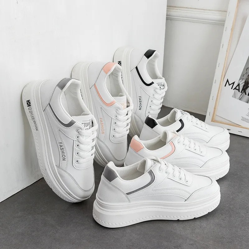 

Новинка 2021, дышащие белые туфли, Женская Базовая Студенческая обувь для скейтборда, увеличивающая рост женская обувь на толстой подошве, по...