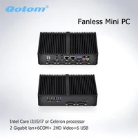 qotom mini pc x86 dual core processor celeron i3 i5 dual display 6rs232 linux ubuntu fanless barebone industrial computer