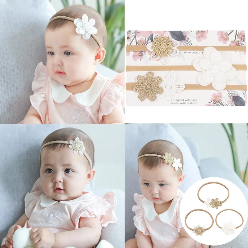 

3PCS Solid Color Bowknot Traceless Headbands Lace Flowers Elastic Hairbands Baby Girls Headwear Dot Plaid Print Infants Headwear