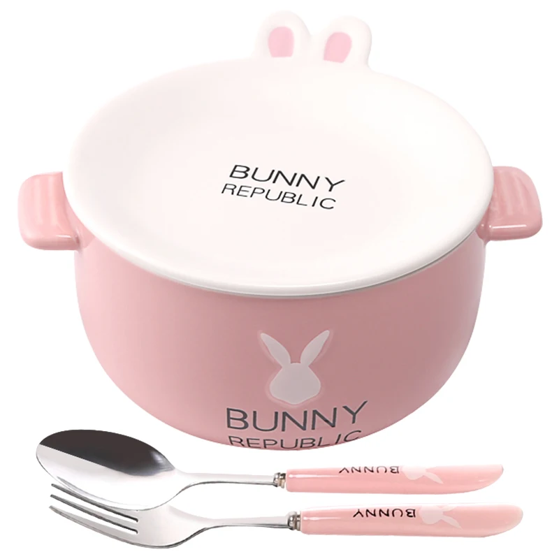 

OUSSIRRO Cartoon Rabbit Creative Instant Noodles Bowl With Lid Ceramic Bowl Cute Student Job Bowl Soup Bowl