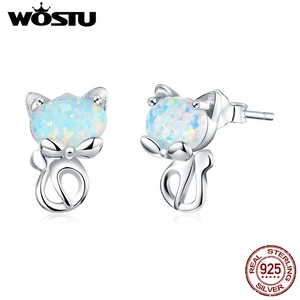 WOSTU подлинные 925 пробы серебряные серьги-гвоздики с милым котиком и опалом для женщин милые маленькие серьги Свадебные украшения подарок CQE828