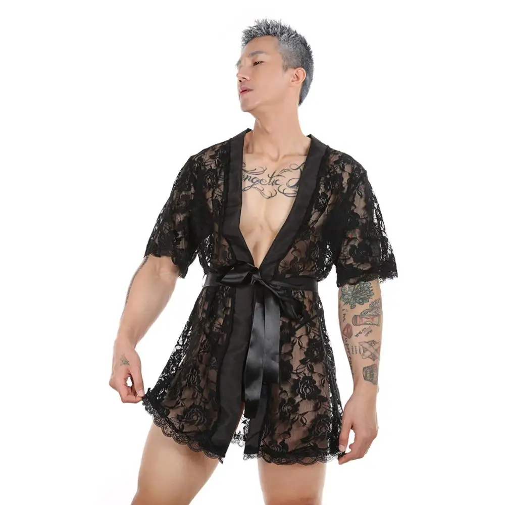 Sexy Men Casual Nightgown With T-back Thong Lace Mesh Printed Transparent See Through Long Robes Beach Bathrobe  Dressing Gown