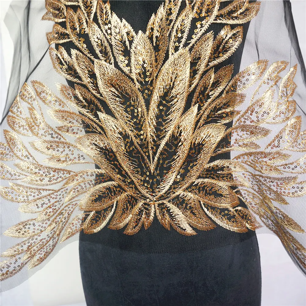 Золотое перо блесток кружевной ткани сетка Вышивка бальное платье Аппликации