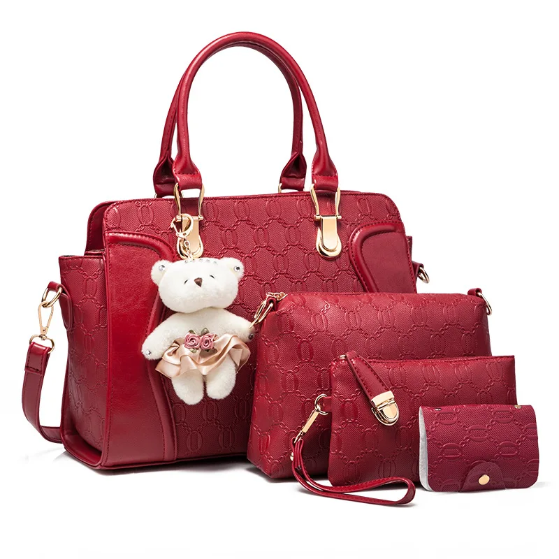 

4Pcs Set Elegant Ladies Bear Pendant Handbag Shoulder Bag Girls Fashionable Embossing Leather Casual Messenger Composite Bags