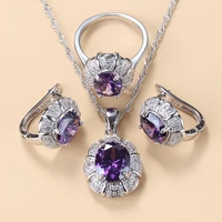bridal jewelry sets 925 sterling silver purple natural stone crystal clip earrings and necklace ring wedding accessories