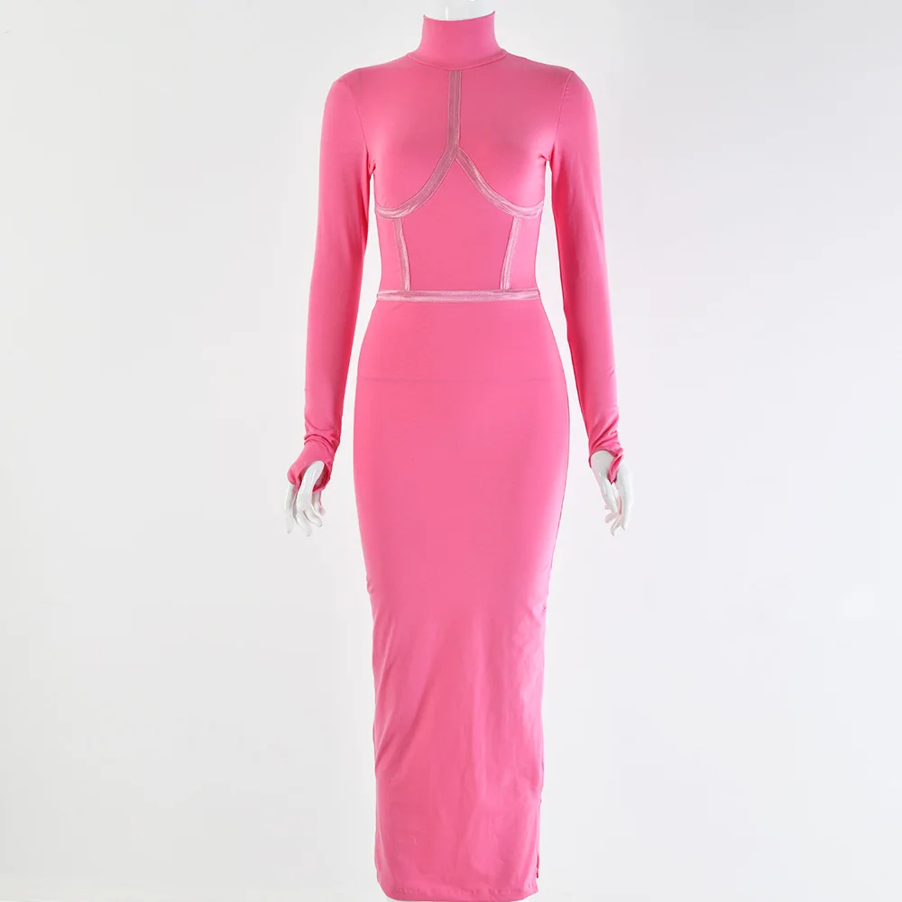 pink WannaThis сексуальные платья длиной до щиколотки женские осенние однотонные Высокий воротник с длинным рукавом обтягивающие облегающие эластичные сплайсированные вечерние длинные платья - Цвет: pink