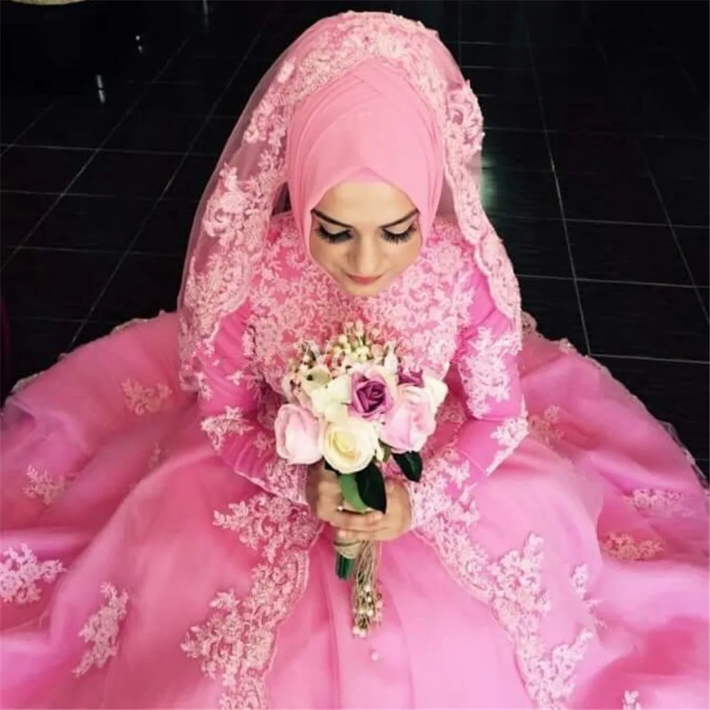 

Blush Pink 2019 Puffy Dubai Muslim wedding dress with Long Sleeve Appliques Bridal Gowns Arabic Vestido De Noiva Wedding dresses