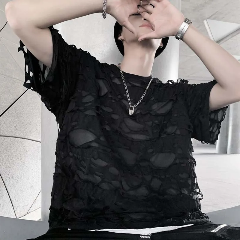 

KIOVNO Summer Men High Street Ripped T Shirts Harajuku Distressed Hip Hop Top Tees For Male Y158