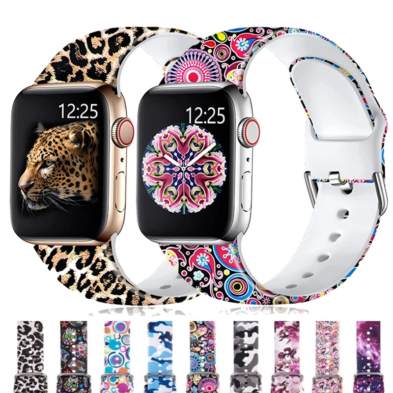 Ремешок с принтом для Apple Watch Band 44 мм 40 38 42 Силиконовый Цветочный браслет наручных