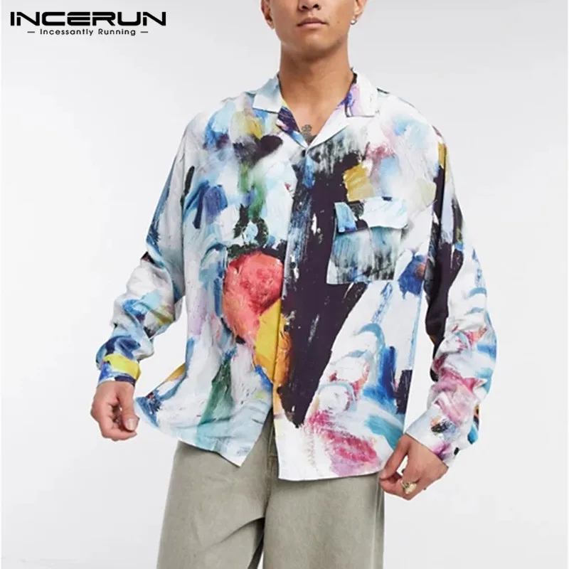 

INCERUN Men Colorful Printed Shirts Long Sleeve Lapel Holiday Chemise Man Fashion Floral Blouse Casual Buttons Shirts Plus Size