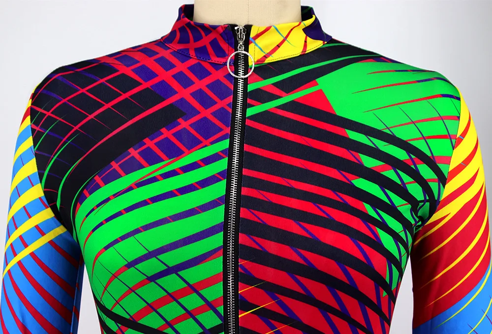 

Big Size Women Colorful Striped Jumpsuits Real Photos Sexy Zipper Deep V-neck Long Sleeve Skinny Rompers 2021 Sports Party