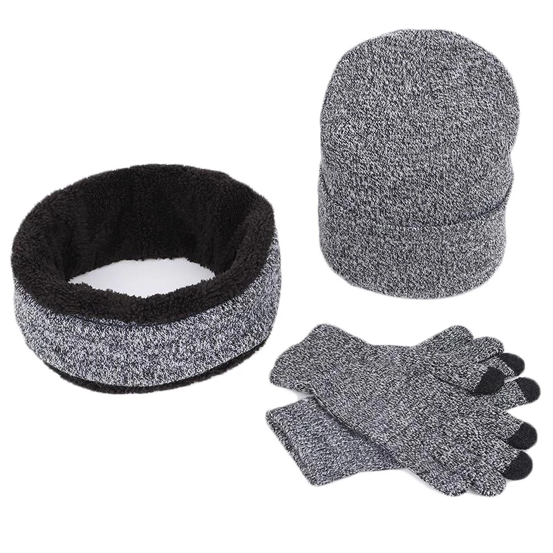 

Unisex 3Pcs Winter Beanie Hat Circle Scarf Touch Screen Gloves Set Solid Color Knit Plush Lined Skull Cap Neck Warmer