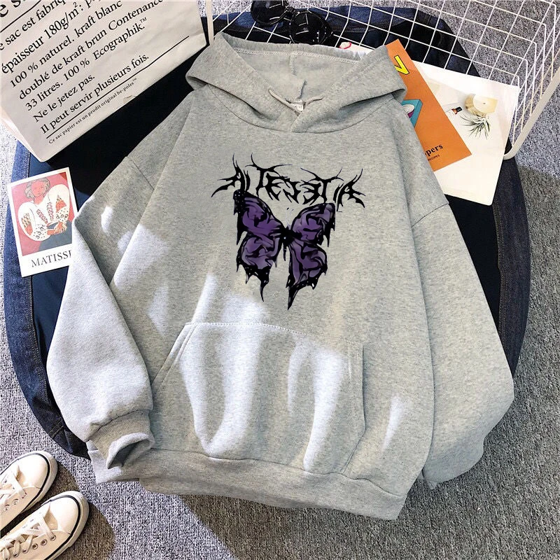 Winter Casual Oversized hoodie Harajuku goth aesthetics Butterfly print Kawaii Streetwear Zipper Y2K Women sweetshirts Loose Top